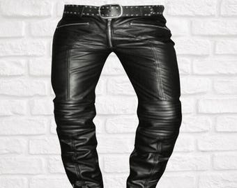 Men’s Black Real Leather Pants with Zippered Pockets
