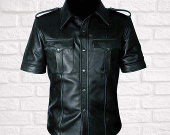 Men&#39;s Premium Leather Military Style Shirt