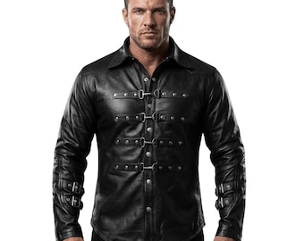 Men’s Black Leather Buckle Shirt, Punk Rock Button Down for Men