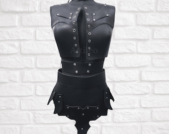 Women’s Genuine Leather Armor Set – Medieval Warrior Costume Top & Skirt