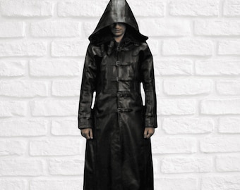 Trench in pelle con cappuccio nero da uomo