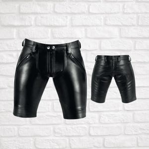 Men&#39;s Black Leather Biker Shorts with Double Zipper