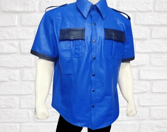 Mens Short Sleeve Blue Leather Shirt