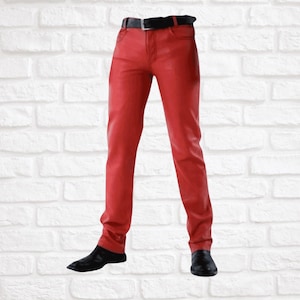 Men&#39;s Red Leather Pants - Stylish Full-Length Leather Trousers