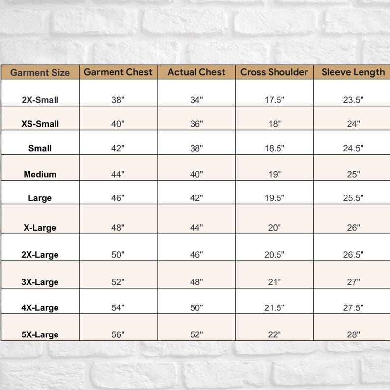 May include: A chart showing garment size, garment chest, actual chest, cross shoulder, and sleeve length measurements in inches.