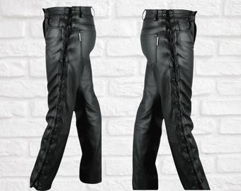 Men’s Black Leather Pants with Side Lace-Up Design
