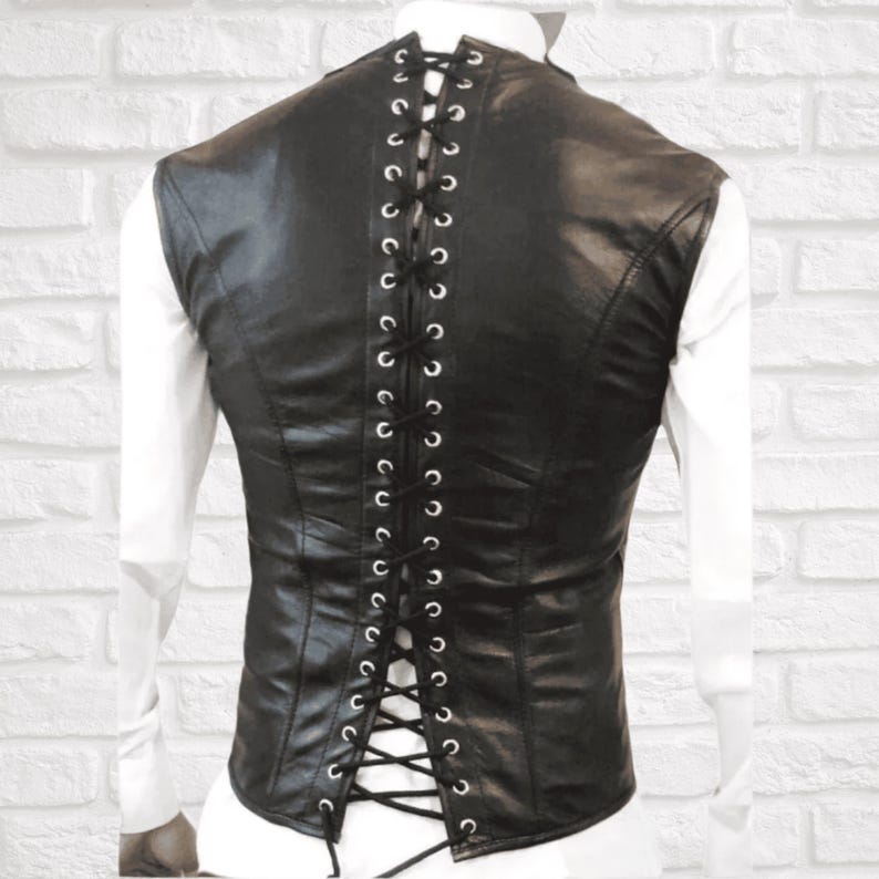 Men’s Black Leather Corset Vest image 5