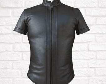 Men&#39;s Black Leather Short Sleeve Shirt with Zipper