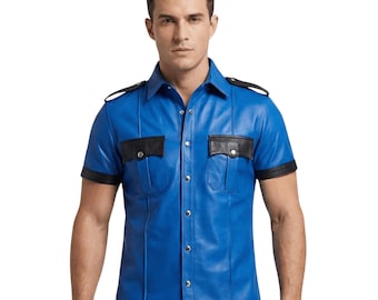 Men’s Blue Leather Shirt, Short Sleeve Biker Shirt