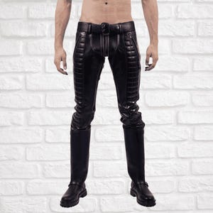 Black Mens Leather Pants with Red Piping