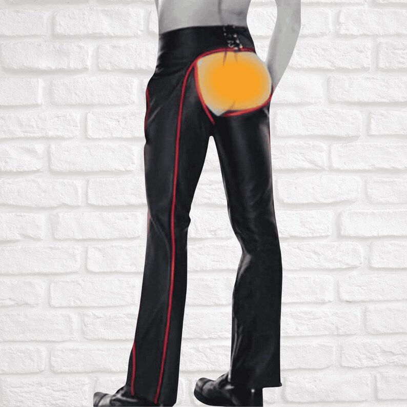 May include: Black leather pants with red stitching and a chaps design. The pants have a wide leg and a low rise.