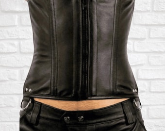 Men's Black Leather Corset with Zipper Front & Lace Up Back