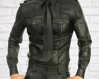 Men's Genuine Leather Military Style Shirt