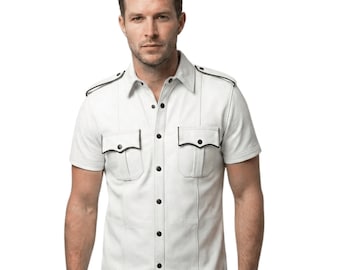 Men’s White Leather Short Sleeve Shirt
