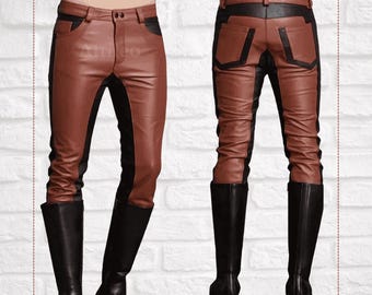 Biker-pantal&oacute;n Cuero-pantal&oacute;n Di Pelle BIKER Jeans Pelle Lac&eacute; Lati Di Pelle Sintetica 33 Marrone