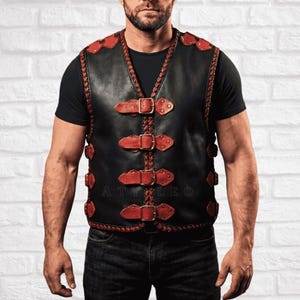 Men’s Black Leather Biker Vest with Red Buckles