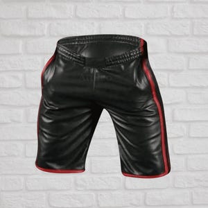 Men’s Black Leather Shorts with Red Trim
