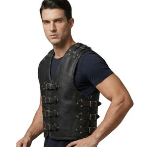 Handmade men’s black leather vest with multiple buckles, armor style biker waistcoat