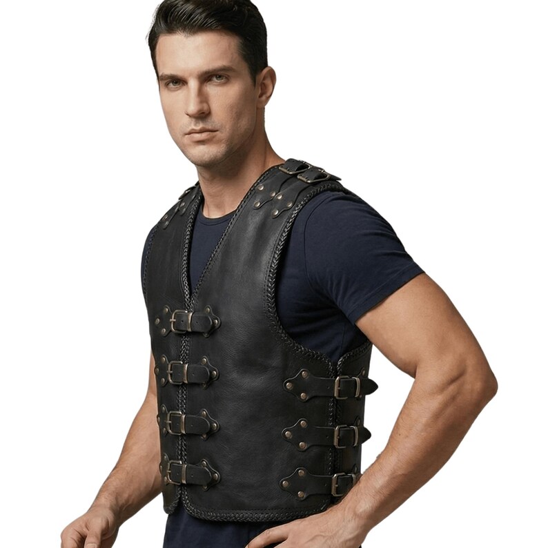 Handmade men’s black leather vest with multiple buckles, armor style biker waistcoat