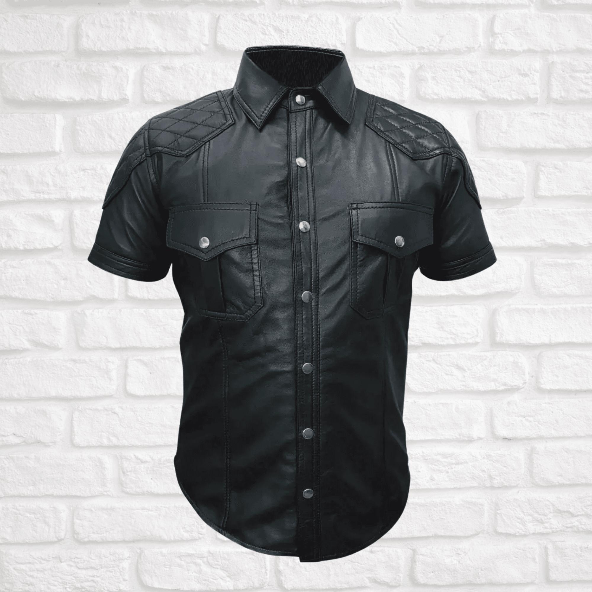 Men's Stylish Short Sleeve Leather Shirt with Quilted Design