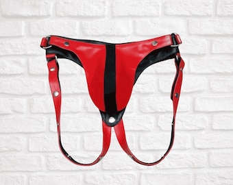 Red & Black Leather Jockstrap with Adjustable Straps