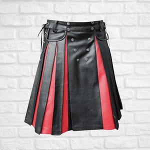 Men’s Black & Red Leather Kilt – Gothic Utility Kilt with Pleated Design and Side Straps
