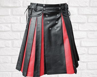 Men’s Black & Red Leather Kilt – Gothic Utility Kilt with Pleated Design and Side Straps