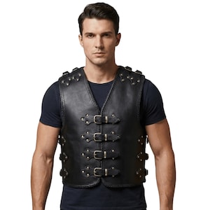 Men’s black leather biker vest with front buckle closures and adjustable side straps, gothic motorcycle waistcoat front view.