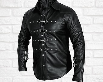 Men&#39;s Black Leather Steampunk Shirt Jacket with Buckles