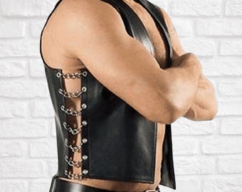 Men’s Black Leather Chain Side Vest