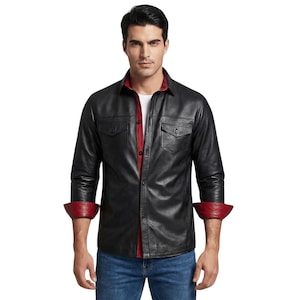 Men’s Black Leather Shirt with Red Trim – Slim Fit Snap Button Biker Shirt, Gothic Punk Motorcycle Leather Button Up, Cosplay Club Wear