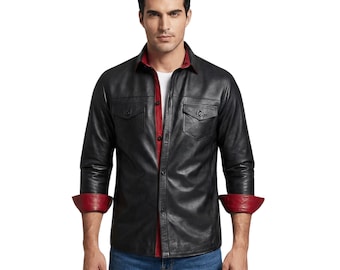 Zwart leren herenshirt met rode rand