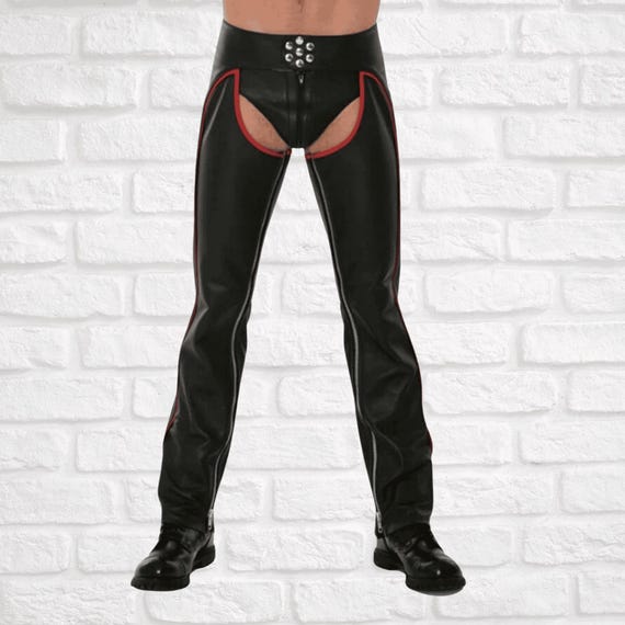 Men's Leather Chaps with Red Piping