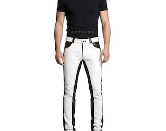 Men’s White & Black Leather Pants – Slim Fit Biker Style