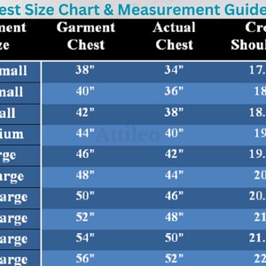 May include: Vest size chart and measurement guide with garment size, chest, actual chest, and cross shoulders measurements in inches.
