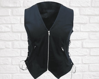 Women's Black Leather Biker Vest with Side Lace-Up
