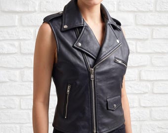 Women’s Black Leather Vest | Asymmetrical Zip Sleeveless Jacket