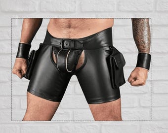 Men’s Fetish Leather Shorts with Wristbands