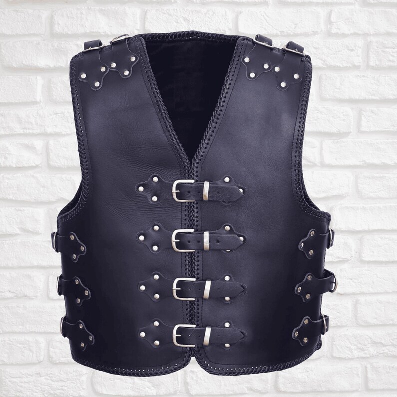 Gothic black leather motorcycle vest for men with adjustable side straps