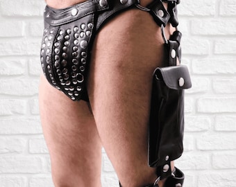 Studded Leather Jockstrap with Harness & Leg Holster Pouch