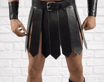 Men’s Genuine Leather Roman Gladiator Kilt with Wristbands