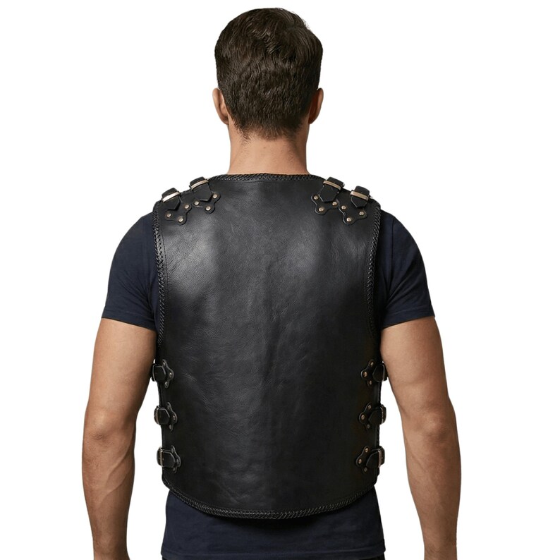 Back view of men’s black leather biker vest with clean panel for patches