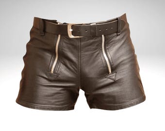Men's Brown Double Zipper Leather Shorts with Leather Belt