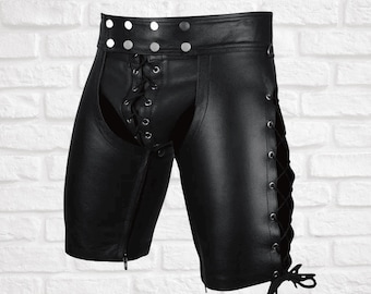 Men's Black Leather Fetish Shorts with Lace-Up Front & Sides