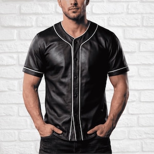 Men’s Black Genuine Leather Baseball Shirt – Button-Up Short Sleeve Leather Jersey