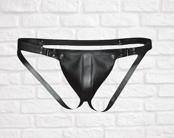 Black Mens Leather Jockstrap with Removable Pouch