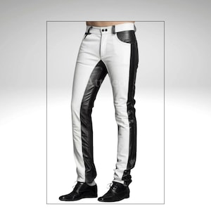 Men’s White & Black Leather Pants – Slim Fit Biker Style