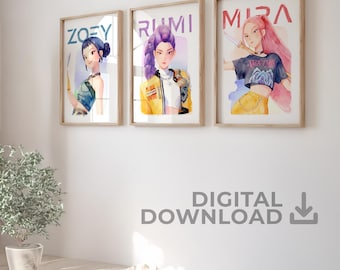 Kpop Demon Hunters 水彩画アートプリント3枚セット、ルミ、ミラ、ゾーイ、女の子の部屋の装飾、デジタルダウンロード、印刷可能 A3 A4 8x10 11x14