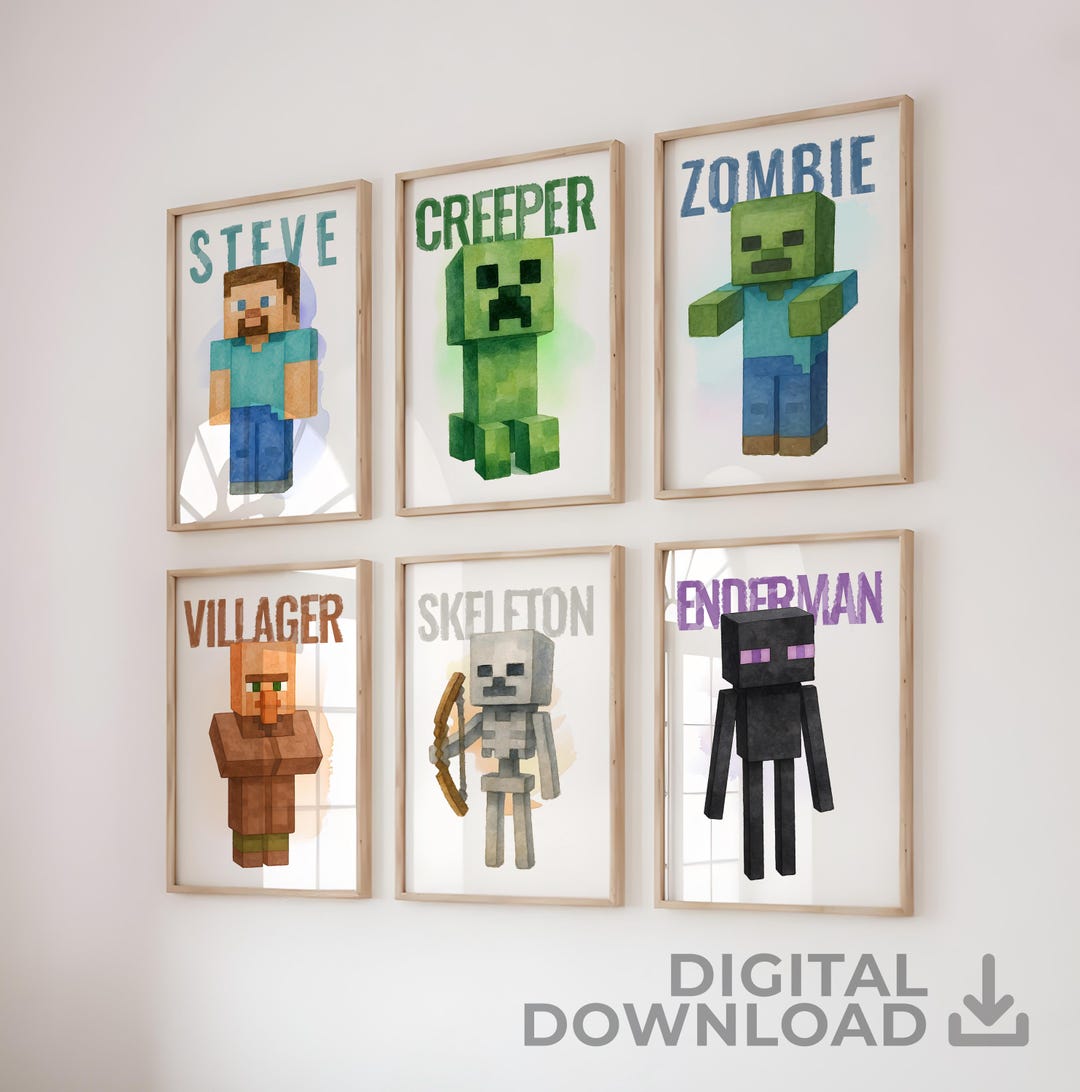 Minecraft Wall Art Poster Set, 6 Set Printable Prints, Steve, Creeper ...