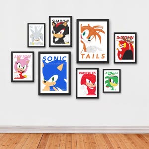Láminas artísticas de Sonic Tails para guardería, juego de 8, decoración de habitación infantil, arte de pared para guardería, Shadow Amy Rose Knuckles Silver Jet Dr Eggman, decoración sónica A4 A3